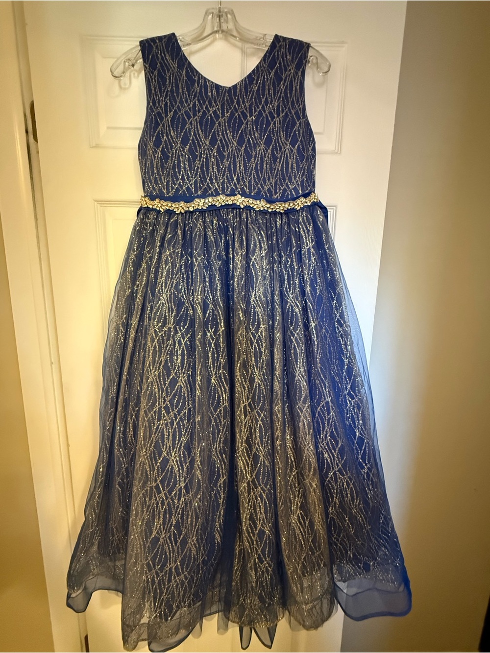 Girls Sparkling Navy Blue Tulle Formal Dress with Beaded Waist